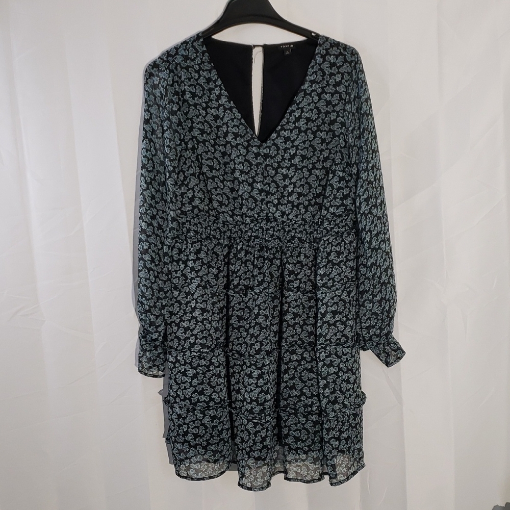 Torrid  Black Blue Floral Dress Cottagecore Fairycore Tiered Balloon Sleeves